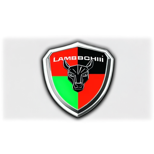 Lamborghini logo, silver bull emblem, shield shape, Italian flag colors, glossy surface, 3D effect, detailed texture, close-up shot, shallow depth of field, studio lighting, black background, high con