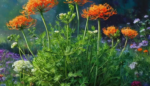 Write a dialogue between two friends discussing the magical properties of wild carrot.,orange hawkweed,calendula officinalis,hawkweeds,the garden marigold,orange flowers,opium poppies,wildflowers,gard