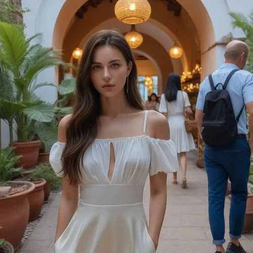 young woman in white dress walking through building with man nearby,white dress,bellisario,girl in white dress,elegant,elegante,aditi rao hydari,Photography,General,Realistic