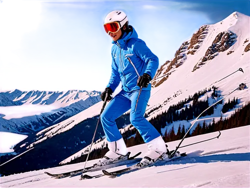 winter sports, snow mountain, solo skier, young adult, dynamic pose, blue ski jacket, white pants, goggles, helmet, ski poles, snowy terrain, morning light, panoramic view, shallow depth of field, vib