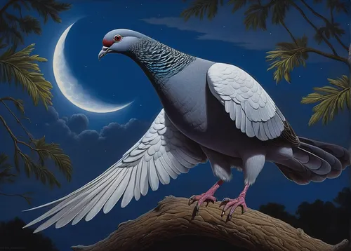 Compose a lighthearted poem about a plumed pigeon dancing gracefully under the moonlight.,plumed-pigeon,victoria crown pigeon,white grey pigeon,woodpigeon,nocturnal bird,fantail pigeon,pigeon scabiosi