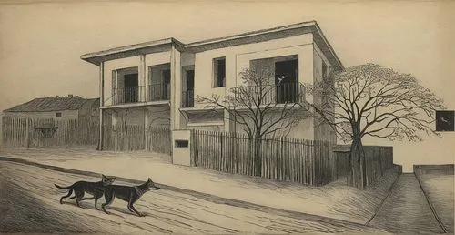 the dog is following another dog across the street,utrillo,steinlen,street scene,photogravure,mezzotint,dog street,Illustration,Black and White,Black and White 23