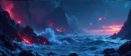 lava,lava flow,volcanic,lava river,metavolcanic,tidal wave,blue cave,fire background,volcanic landscape,rift,ocean background,dark beach,blue caves,volcanism,red blue wallpaper,futuristic landscape,vast,volcanic lake,eruption,sea caves,Conceptual Art,Sci-Fi,Sci-Fi 01