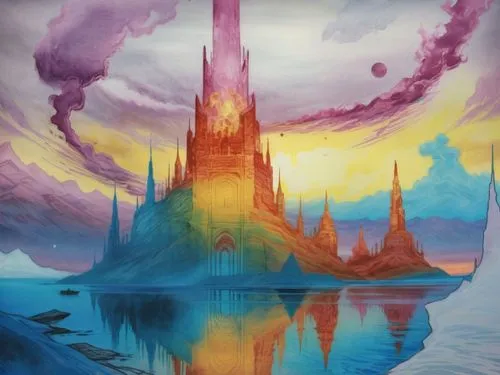 the castle is lit up in the sunset,fantasy landscape,futuristic landscape,fantasy picture,skylands,fantasy art,fantasy world,Illustration,Realistic Fantasy,Realistic Fantasy 25