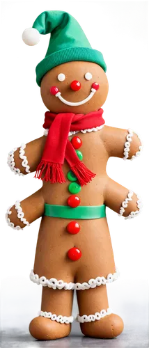 Gingerbread man, festive holiday theme, standing upright, arms at sides, big smile, icing details, white gloves, red scarf, green hat, shiny candy buttons, golden belt, colorful sprinkles, soft focus,