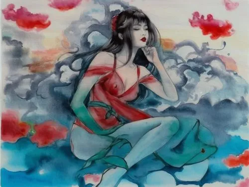 An amazing nude japanese young woman  with red lips and green eyes,a painting of a girl sitting down in water,watercolor pin up,watercolor women accessory,watercolor painting,aquarelle,watercolor,wate