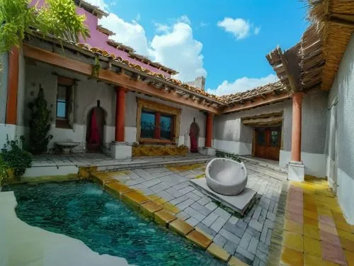 chucun,mayakoba,asian architecture,courtyard,mesoamerican,hacienda,Photography,General,Realistic