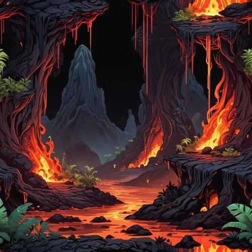 fire background,cartoon video game background,forest fire,fire mountain,lava,lava river,Illustration,Abstract Fantasy,Abstract Fantasy 11