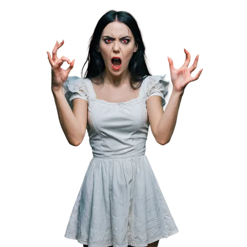 Creepy scream, sound wave, eerie atmosphere, dark mist, glowing red eyes, pale skin, tangled black hair, tattered white dress, torn sleeves, bony fingers, sharp nails, screaming mouth, horror theme, d