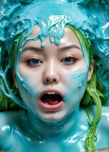 blauer schleim läuft aus ihrem mund,bjork,water nymph,merfolk,slime,wasabi,under the water,bodypainting,bodypaint,water creature,three-lobed slime,green skin,siren,submerge,under water,immersed,under 