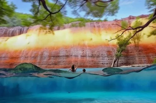 beautiful lady swimming, long hair , white vest in the water, wide view with waterfalls and green forest abanding,water in an aquarium filled with fish under trees,supai,colorful water,fairyland canyo