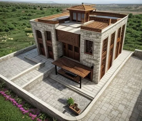 islamic style render style with arched windows and doors, and make the wall limestones 
,build by mirza golam pir,3d rendering,modern house,atatürk,dunes house,eco-construction,frame house,block balco