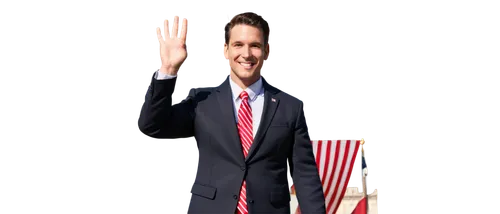 President, inauguration ceremony, formal wear, suit, tie, white shirt, American flag pin, confident smile, waving hand, podium, microphone, US Capitol building background, sunny day, warm light, shall