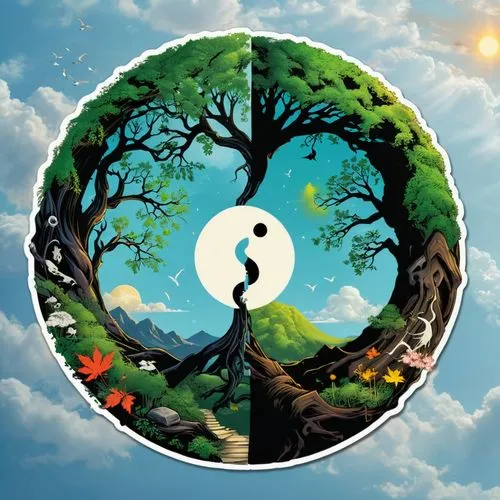 yinyang,children's background,nature background,kodama,mother earth,sun and moon,Unique,Design,Sticker