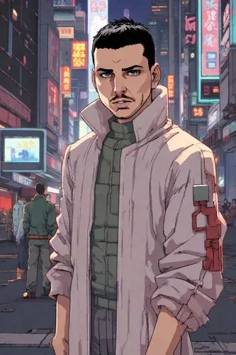 A character from Akira animation in a cyberpunk futuristic city,shinjuku,moc chau hill,gangstar,chinatown,saji,hk,nikko,tony stark,tokyo city,comic style,gangneoung,vector art,eleven,tracksuit,cartoon