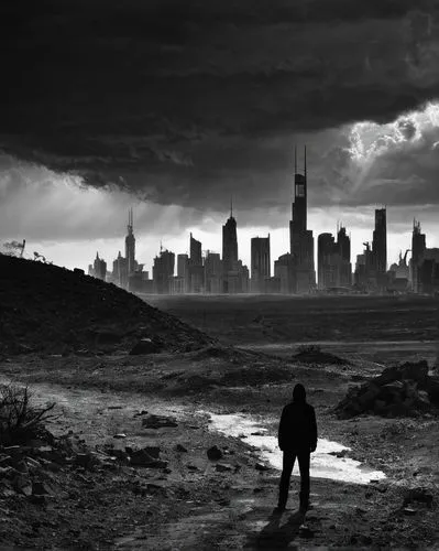 Desolate wasteland, end of days, ruins of skyscrapers, destroyed buildings, rubble streets, dark clouds, thunderstorm, heavy rain, strong wind, devastated trees, broken bridges, abandoned cars, skelet