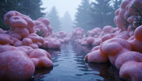 mushroom landscape,biofilm,swampy landscape,moss landscape,slimes,acid lake,elven forest,swamps,3d rendered,3d render,cinema 4d,procedural,flamingos,forest moss,foggy forest,fairy forest,flamingoes,volumetric,coniferous forest,lava balls