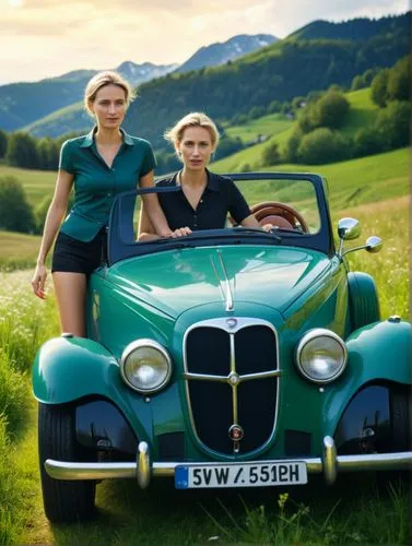 German politician Alice Weidel dominates the action. She drives through a green Swiss meadow landscape with her pretty female partner in a valuable car whose dark green paintwork reflects the bright s