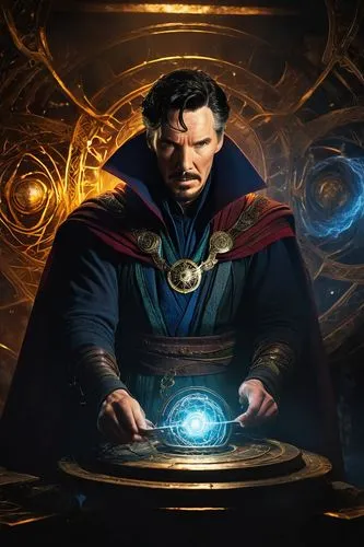 Doctor Strange, sorcerer, solo, (40yo), intense gaze, sharp facial features, wavy black hair, beard, white cloak, intricate golden armor, magical artifacts, mystical eyes glowing with Eldritch power, 