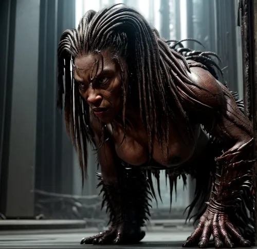 She is in predator 2018 being stared by the predator in fear as she is kneeling down and staring back. ,darth talon,predator,voodoo woman,the enchantress,chaka,black woman,groot,werewolf,district 9,si