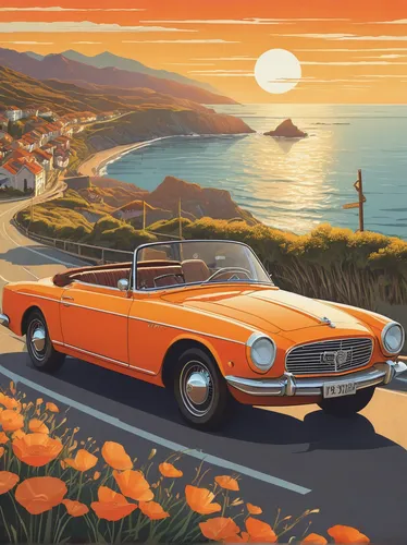 Create a captivating poster featuring a vintage car driving along a scenic coastal road at sunset.,sunbeam alpine,sunbeam tiger,fiat 124 sport spider,mg midget,triumph tr4,triumph tr5,triumph tr4a,aus