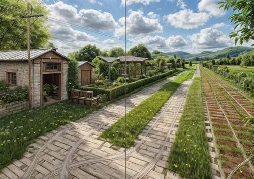 virtual landscape,narrow-gauge railway,train track,vegetables landscape,train cemetery,railway track,wooden train,abandoned train station,home landscape,railtrack,railroad line,railway line,farm yard,