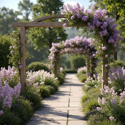 Pastel purple flowers, delicate tendrils, soft lavender hues, gentle peach tones, creamy whites, warm beige accents, lush green foliage, whimsical garden scenes, romantic arbors, ornate ironwork, vint