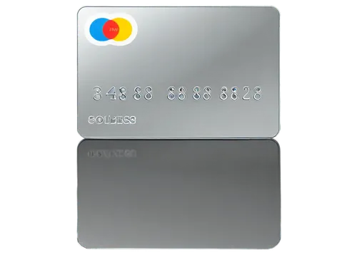 Debit card, rectangular shape, white background, embossed numbers, silver font, hologram stripe, chip on top right, contactless symbol, magnetic strip, 3D raised effect, shiny surface, slight reflecti