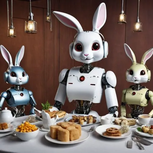 tea party, multiple robots, female robot, robot body, rainbow skin, anthropomorphic rabbit, female rabbit, rabbit face, rabbit tail,  metal tail, animal head, visible metal head, visible mechanisms, c