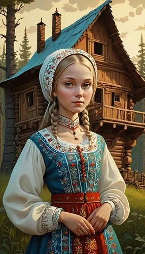  Russian village girl, in the style of Russian folk tales, flirtatious look, traditional clothes, medieval Russia, animated paintings by Russian artists, detailed image, cellular formations, shading, 