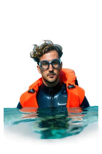 Snorkeler, scuba diving, underwater, tropical ocean, colorful fish, seaweed, muscular man, wet shiny skin, bright orange life jacket, silver snorkeling gear, swimming goggles, wavy hair, strong facial