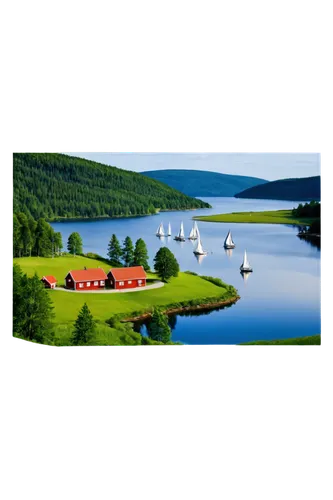 Scenic Sweden, Nordic landscape, rolling hills, traditional red cottages, white picket fences, lush green forests, towering trees, sparkling lakes, sailboats in distance, warm sunlight, soft focus, pa