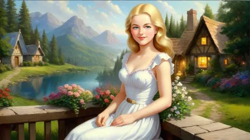 Masterpiece oil painting, cute cozy 
scenery, vast European cottagecore landscape, by Thomas Kinkade, by Bob Ross,galadriel,fantasy picture,fairy tale character,eilonwy,landscape background,jessamine,