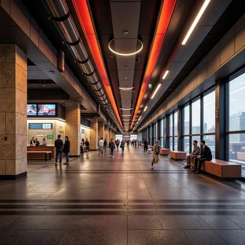 Urban metro station, modern architecture, sleek metal columns, polished granite floors, stainless steel handrails, vibrant LED lighting, futuristic signage, dynamic digital displays, bustling crowd, r