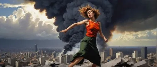 Giantess, destruction, cityscape, metropolitan, skyscrapers, buildings crumbling, debris scattered, smoke rising, fiery explosion, furious expression, intense eyes, wild hair, massive muscles, torn cl