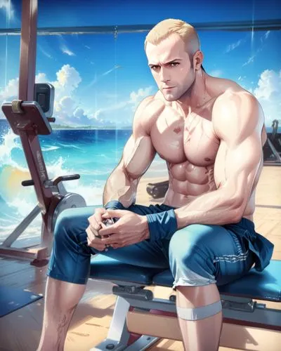 jason statham shirtless shitting on gym equipment, wearing workout pants
,an image of a man in shorts sitting on the gym bench,merus,reinhardt,beach background,guile,markus,kolin,Anime,Anime,General