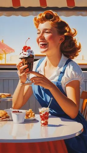 woman with ice-cream,retro diner,woman holding pie,retro pin up girls,sundaes,soda fountain,Conceptual Art,Fantasy,Fantasy 04