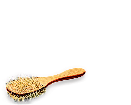 Hairbrush, detailed bristles, wooden handle, curved shape, shiny surface, golden metal ferrule, ergonomic design, morning light, soft focus, 3/4 composition, warm color tone.,hair brush,hairbrush,hair