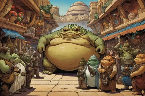 fatayer,cg artwork,greek in a circle,grand bazaar,wicket,disney baymax,ancient parade,concept art,shopkeeper,ogre,aladha,gobelin,large market,sumo wrestler,canarian wrinkly potatoes,aladin,crowded,disney,sci fiction illustration,imax,Illustration,Abstract Fantasy,Abstract Fantasy 10