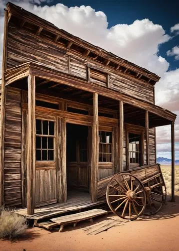 Old West architecture, abandoned, worn, wooden saloon, broken windows, creaky doors, rusty hinges, weathered roof, tumbleweed, desert landscape, sandy dunes, vast open sky, dramatic clouds, warm sunli