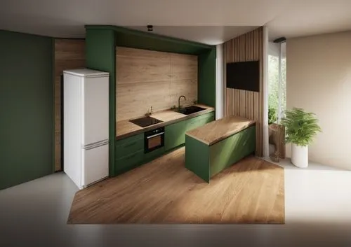 an open kitchen with wood flooring and green cabinets,kitchen design,3d rendering,modern minimalist bathroom,kitchen interior,modern kitchen interior,kitchenette,Conceptual Art,Fantasy,Fantasy 11