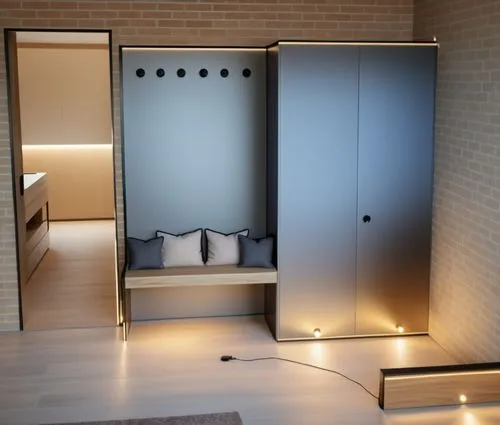 a bedroom with a bed, night lights and cupboards,modern minimalist bathroom,luxury bathroom,saunas,walk-in closet,gaggenau,ensuite,Photography,General,Realistic