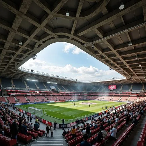 Deconstructed soccer stadium interior, fragmented seating areas, irregularly shaped concession stands, distressed concrete walls, exposed ductwork, industrial-style lighting fixtures, reclaimed wood a