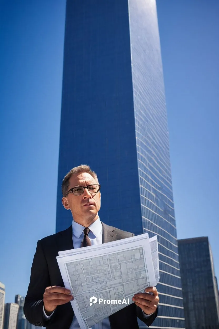 Professional architect, middle-aged man, suit, tie, glasses, short brown hair, serious expression, holding blueprints, standing in front of modern skyscraper, cityscape, sunny day, clear blue sky, few