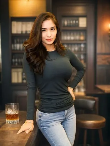 a woman posing in a bar near a glass of whiskey,barista,barmaid,poki,bartender,karylle,bar