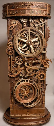 Sculpt a futuristic cardboard sculpture for a high-tech exhibition.,longcase clock,steampunk gears,mechanical puzzle,wooden cable reel,clockmaker,tower clock,lyre box,music box,carved wood,wood carvin