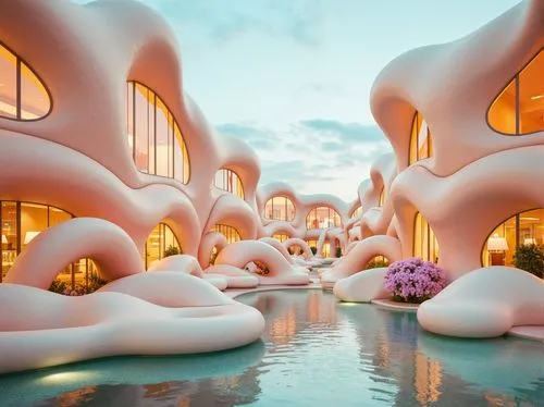 biomorphic,igloos,futuristic art museum,futuristic architecture,mushroom landscape,candyland,3d fantasy,futuristic landscape,popeye village,roof domes,lachapelle,dreamhouse,dubai miracle garden,cube stilt houses,luxury hotel,fantasy city,whoville,ecotopia,snowhotel,largest hotel in dubai