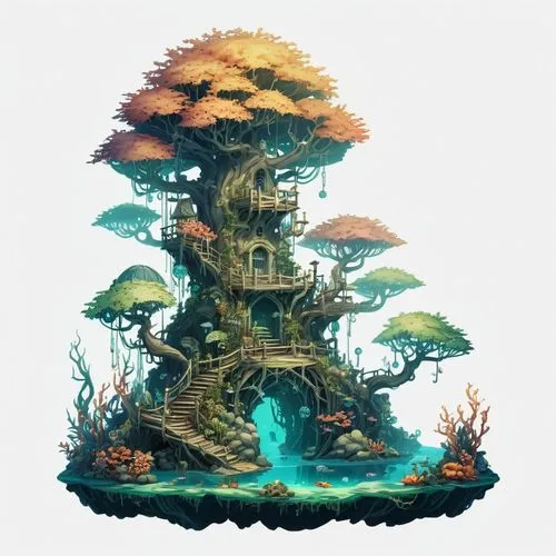 mushroom island,tree house,mushroom landscape,treehouse,floating island,treehouses,Illustration,Abstract Fantasy,Abstract Fantasy 11