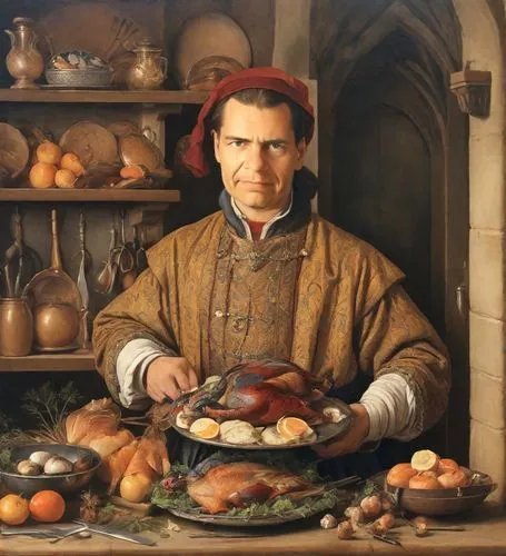 Portrait of a male medieval cook holding a roasted pheasant with feathers on a platter, painting <class> by Hans Holbein the Younger, male cook dressed in medieval clothes for working in the kitchen, 