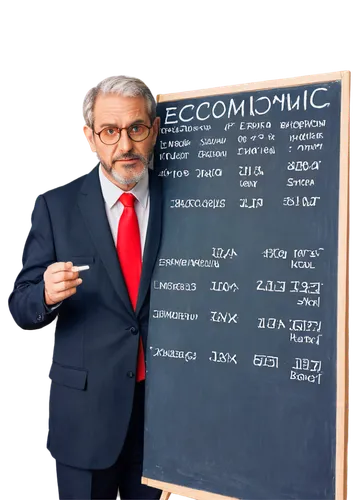 Elderly professor, male, solo, (60yo), glasses, gray hair, beard, brown suit, white shirt, black tie, holding chalk, standing in front of a blackboard, writing economic formulas, serious expression, r